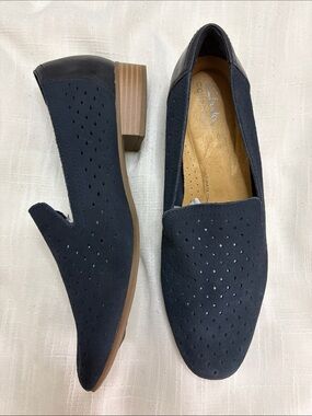 Clarks Navy Perforated Slip-On Loafers with Tan Heel